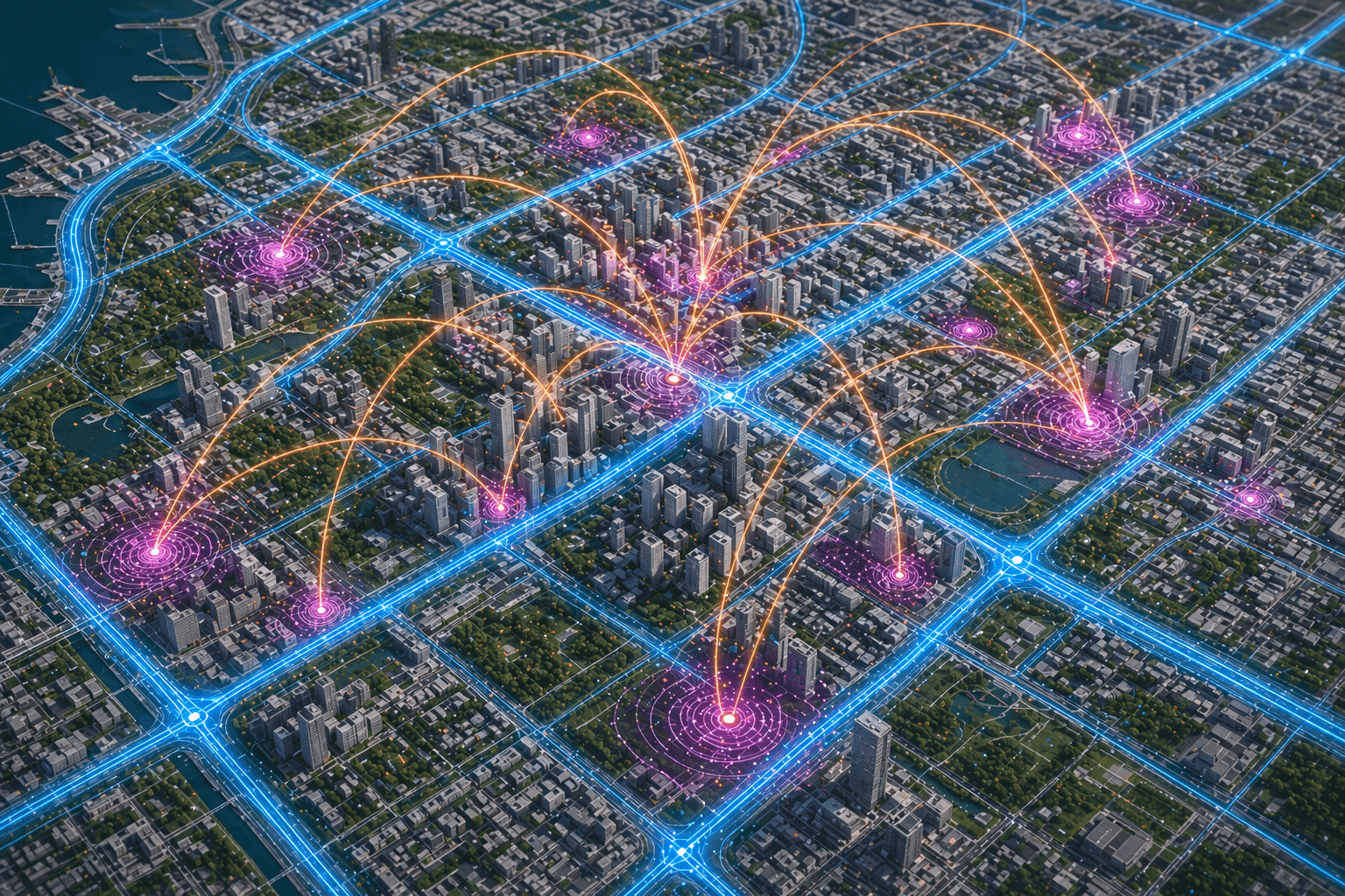 Urban aerial map visualization with orange GPS movement arcs, blue road intensity corridors, and magenta footfall hotspots.